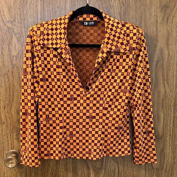 carobe Tops - Retro Orange Checkered Shirt with shoulder pads